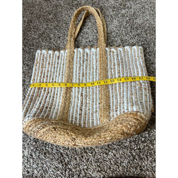 Chloe & Lex White Brown Jute Cotton Bag Tote Boho Coastal Beachy Picnic Natural - Picture 6 of 8